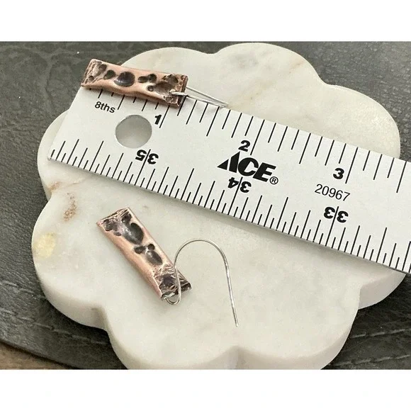 Artisan Hammered copper Art Earrings Brutalist Modernist MCM Boho Dangle - Picture 4 of 6